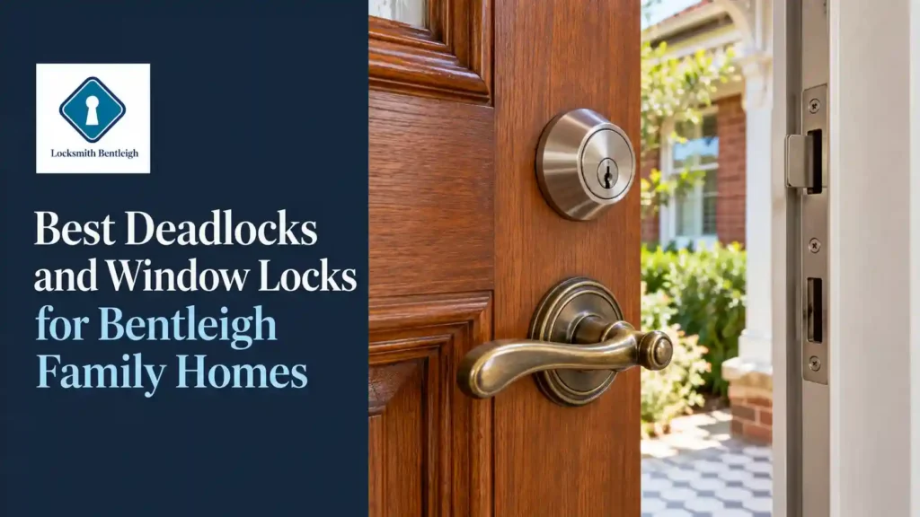 Modern deadlock above a period lever handle on a Bentleigh timber door, with the strike plate visible in the frame