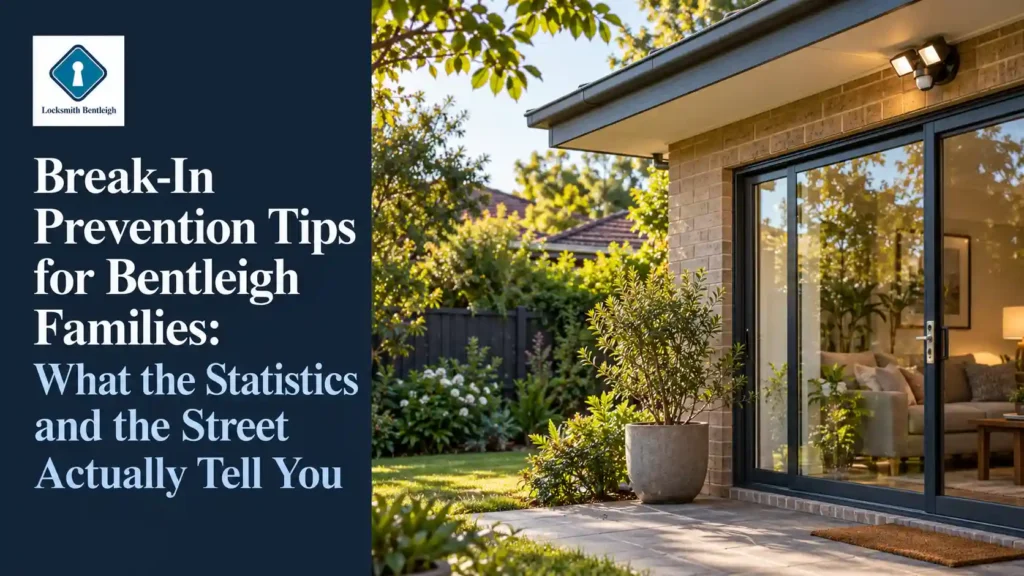 Rear garden of a Bentleigh family home with a secured sliding glass door and sensor light under the eave