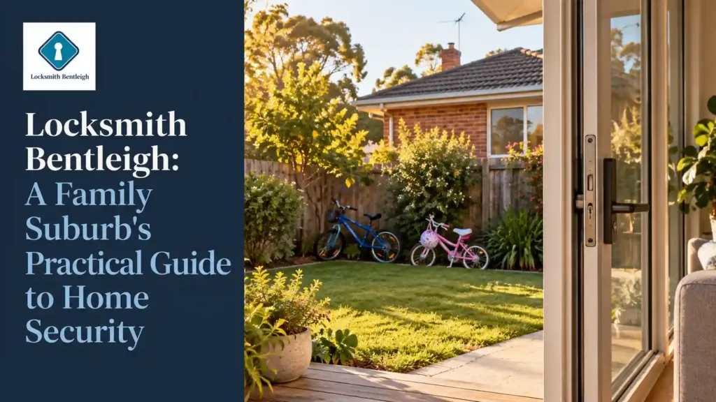Bentleigh family home garden with children’s bikes by the fence and a sliding glass door opening onto the yard