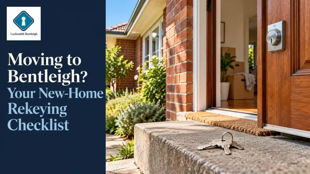 New deadlock and house keys at the entrance of a Bentleigh brick home, with moving boxes inside the open door