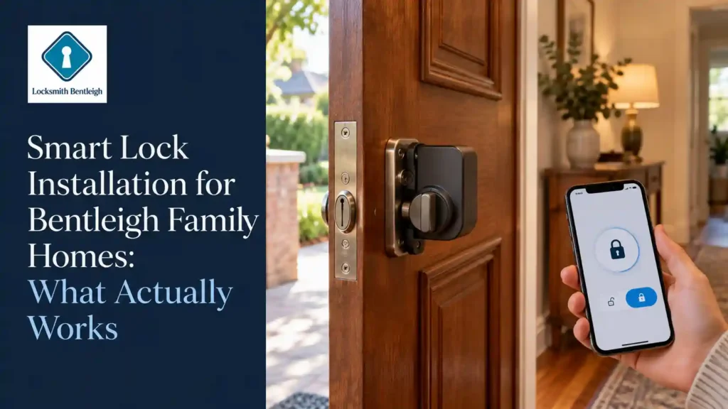 Retrofit smart lock on the inside of a Bentleigh home’s timber door, with a phone showing the lock controls